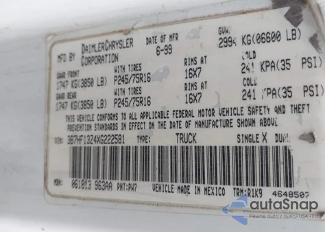 1999 Dodge Ram 1500 St z USA, uszkodzony, nr VIN 3B7HF13Z4XG222581